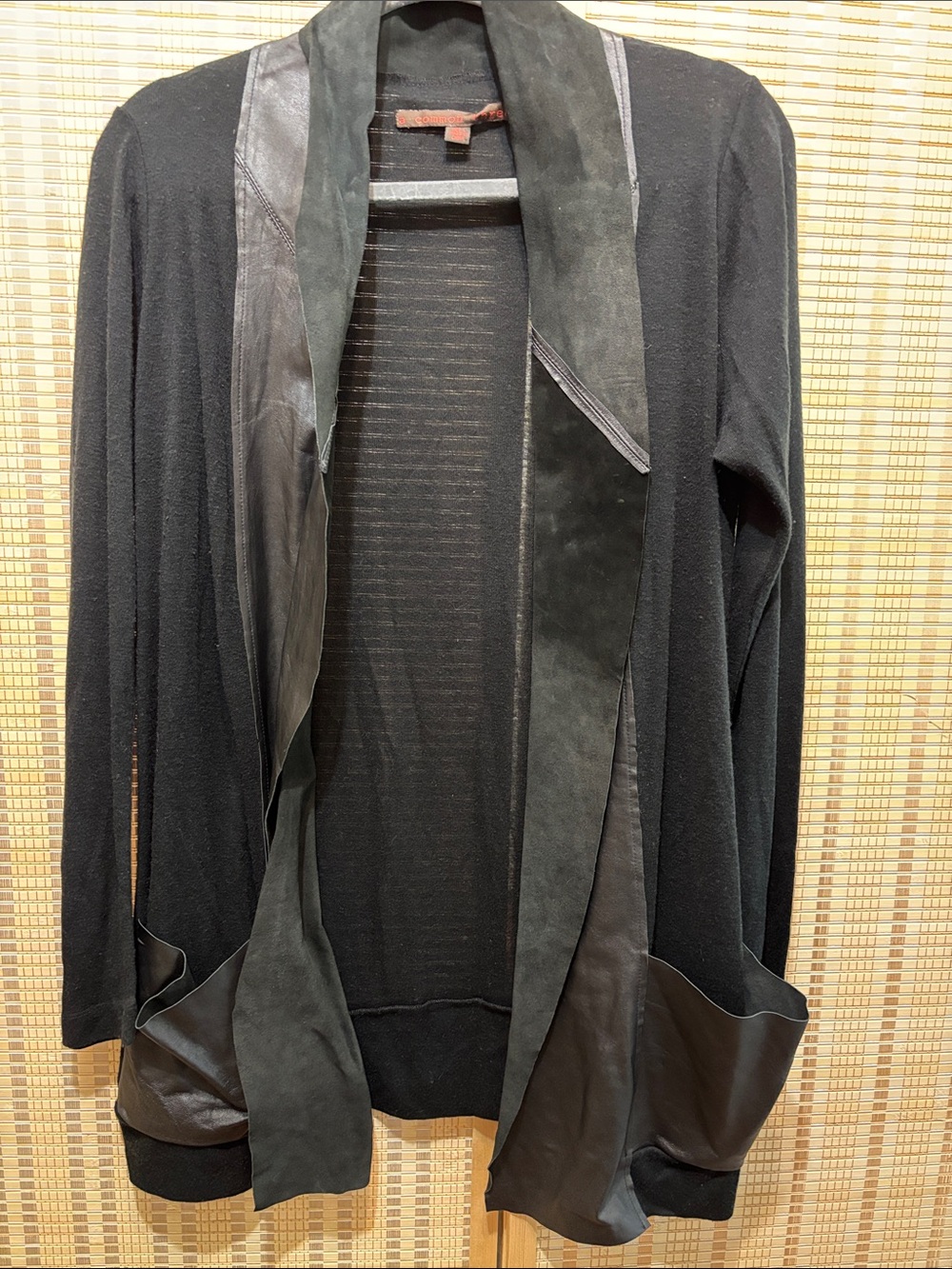 Black Open-Front Cardigan with Suede-Leather-Like Trim